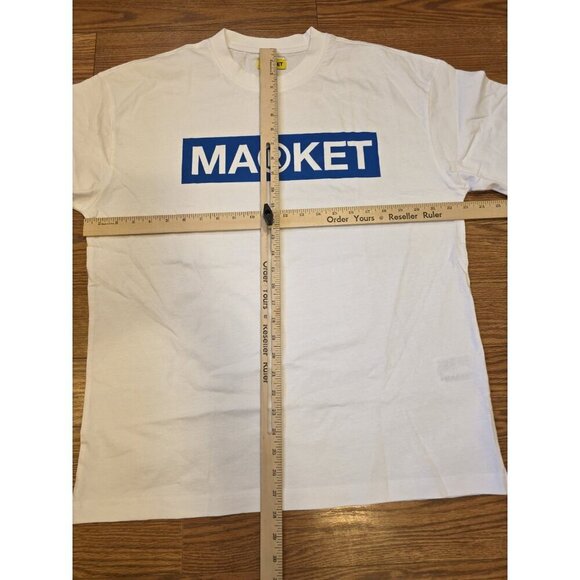 MARKET Studios Box Logo Graphic Tee Shirt Mens Sz Large White Blue heavyweight - Picture 5 of 7